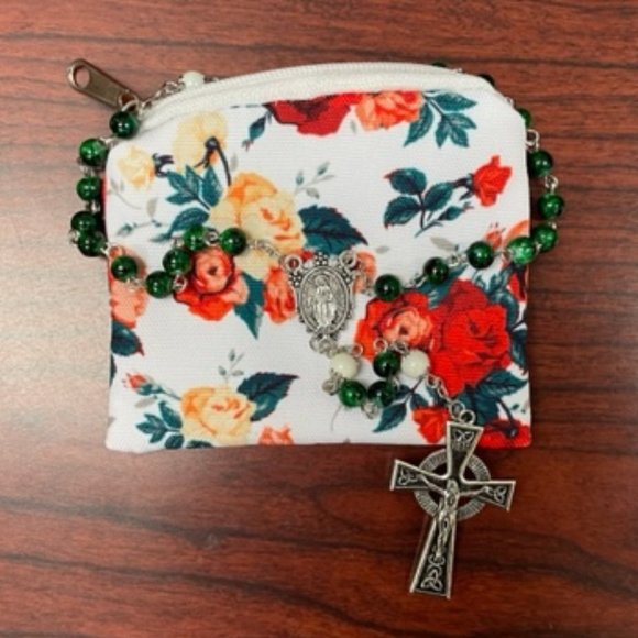 Other - *LIKE NEW* Green Marbled Rosary with Celtic Style Crucifix + Floral Rosary Case